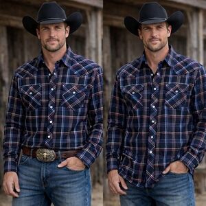 Bronco Men's Navy and Red Plaid Casual Shirt